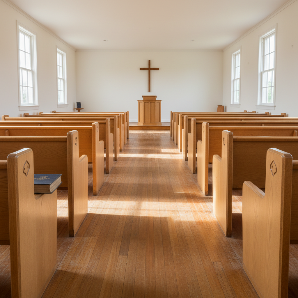 A modest country church sanctuary interior, featuring smooth wooden pews, a simple wooden pulpit, and a plain wooden cross fixed to a white wall behind it. The floor is polished but slightly scuffed, hinting at decades of worship. Sunlight filters through clear glass windows, forming soft rectangular patches of light along the aisle. A well-used hymnal rests closed on a pew, its navy cover slightly faded. Captured in photographic realism from the back of the sanctuary looking toward the pulpit, with sharp focus throughout. The mood is reverent, peaceful, and biblically grounded, evoking themes of local church life, preaching, and worship for a professional Christian blog.