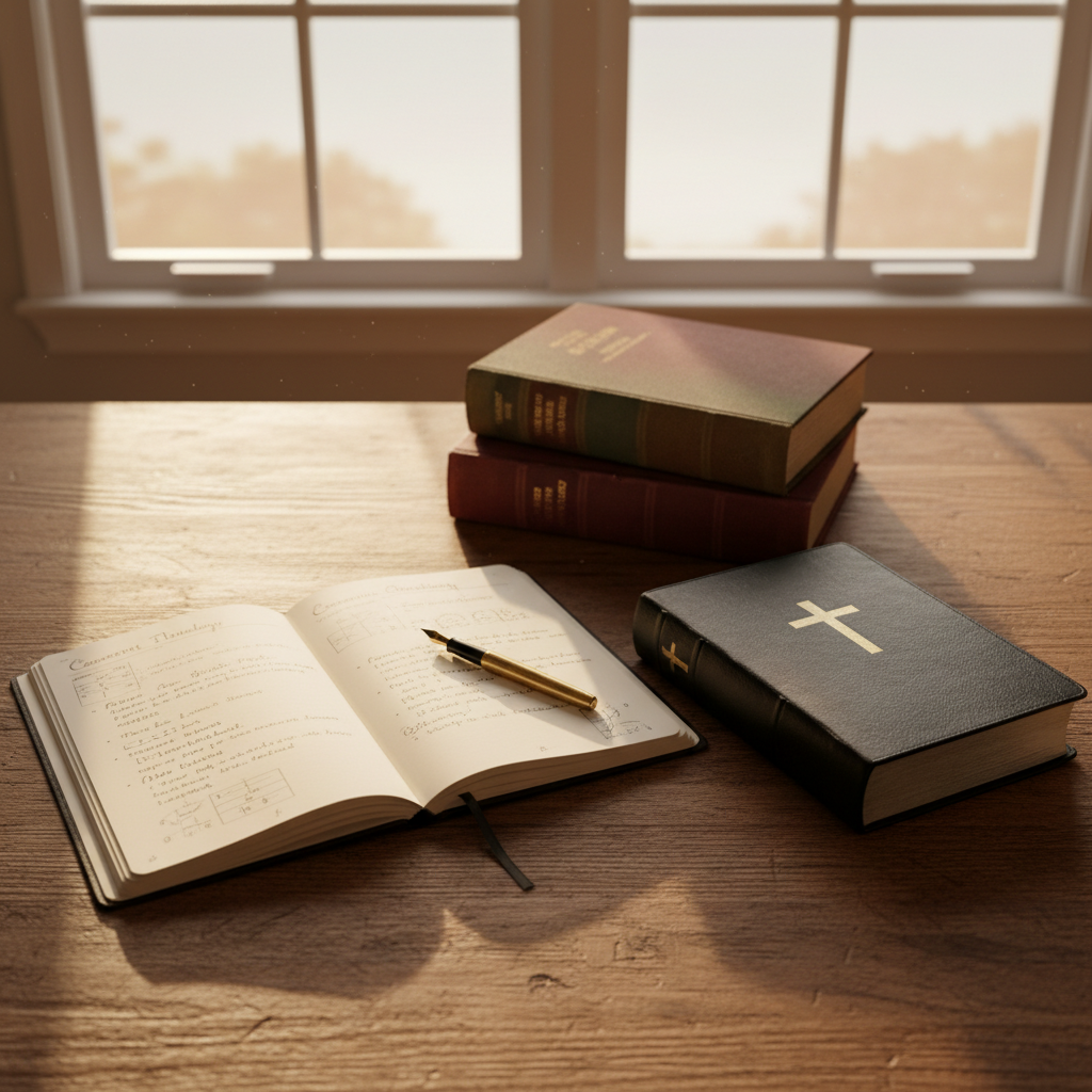 A sturdy oak writing desk positioned near a window, with an open notebook filled with neat, handwritten theological notes beside a closed, black leather Bible. A simple metal pen rests diagonally across the notebook. In the background, slightly out of focus, are a few stacked volumes of classic church history and apologetics, their muted dust jackets in shades of brown, burgundy, and deep green. Late afternoon light streams in, warm and directional, creating defined but gentle shadows across the desk’s grain. Photographic realism, slightly elevated angle with the main subjects centered, conveying a studious, thoughtful atmosphere that supports daily writing on doctrine, church history, and defending the Christian faith.